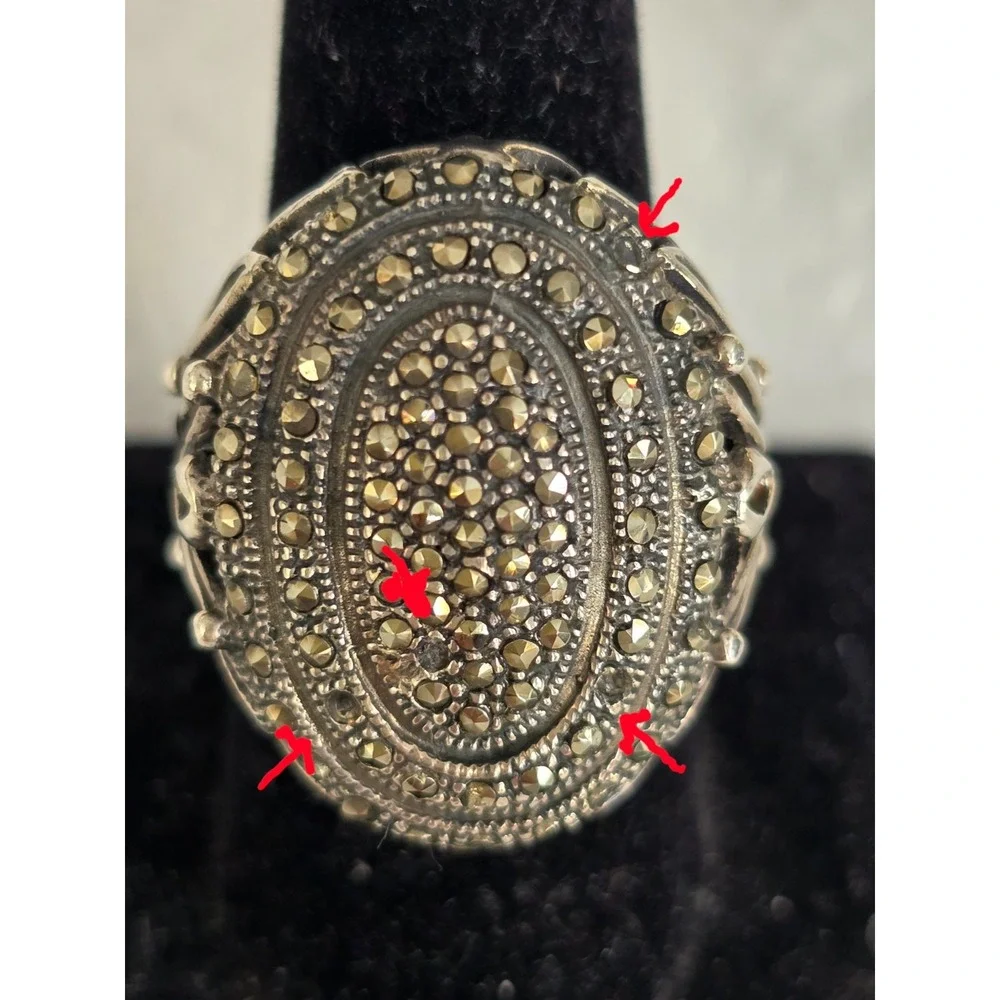 Vintage 925 Sterling Silver Marcasite Oval Statement Ring Size 10 17g